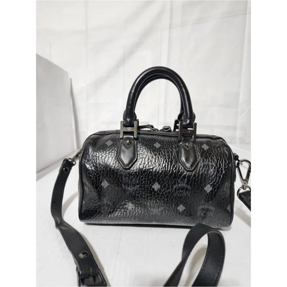 Authentic MCM Visetos Mini Ella Boston Bag Black/Grey